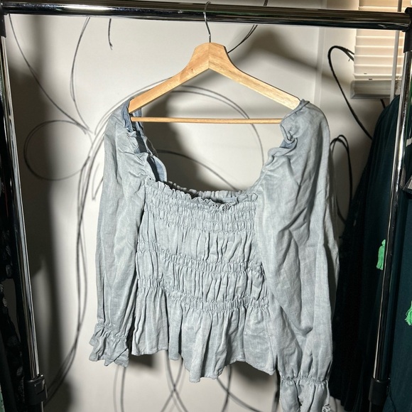 Who What Wear Tops - Who What Wear Women’s Peplum Smocked Balloon 3/4 Sleeve, Light Blue Medium